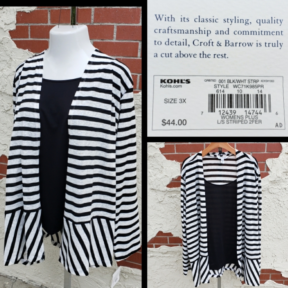 3X women KOHL'S 2fer open cardigan shirt stripe